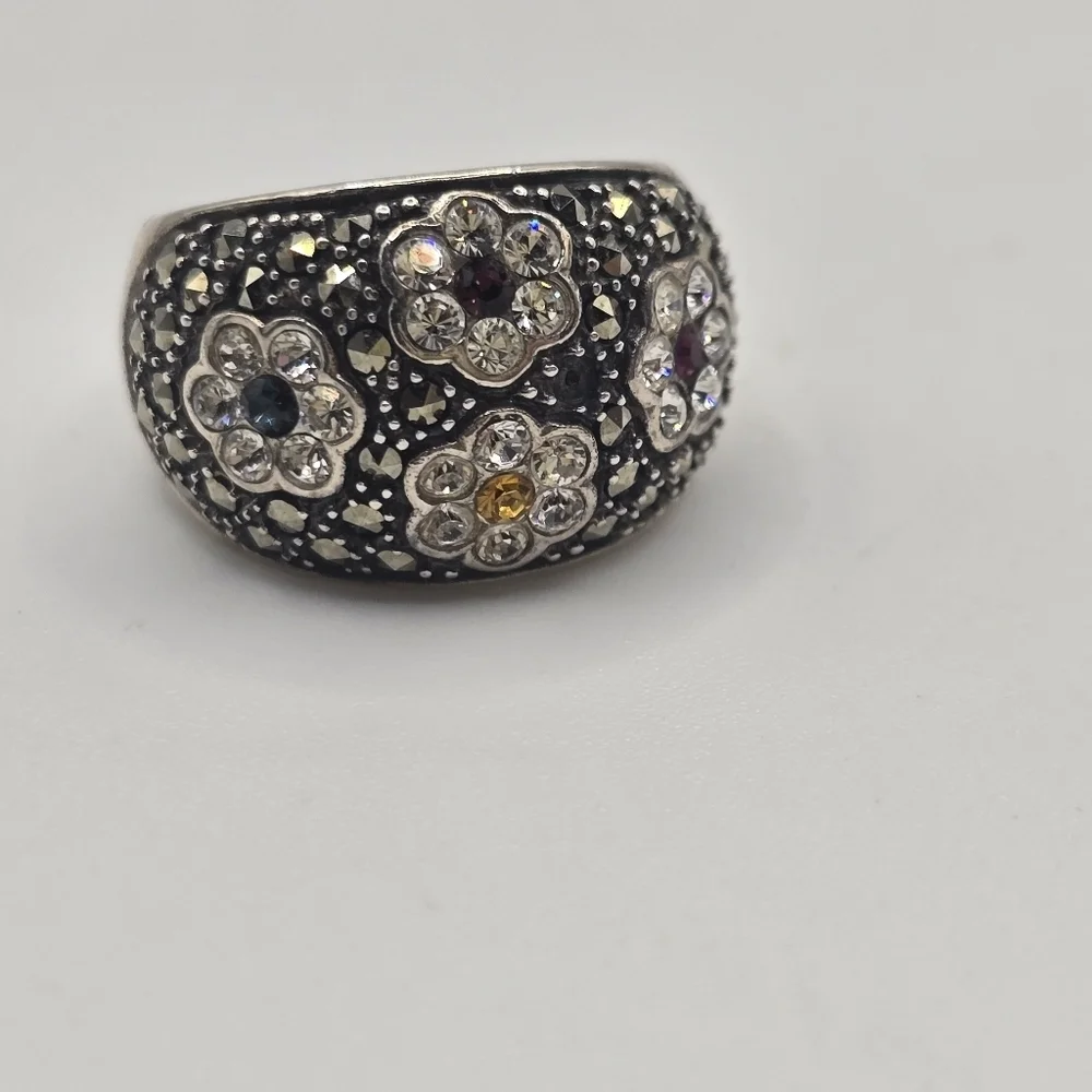 Sterling Silver Marcasite & Tiny Gemstone Flower Ring,  Size 6.75